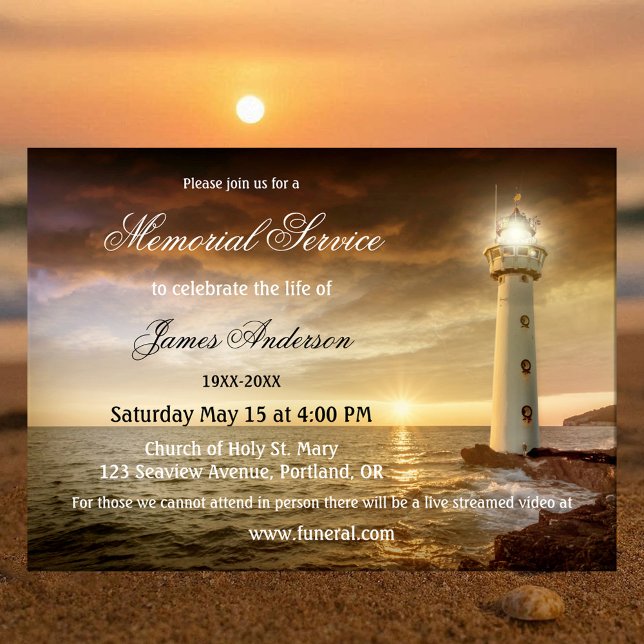 Logaritmtjänst för begravning av kustfyr inbjudningar (Memorial or funeral service invitation featuring a coastal scene with a lighthouse)