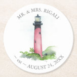 Logarty Destination Wedding Keepsaké Underlägg Papper Rund<br><div class="desc">De här underläggen var designade med en replik av min ursprungliga vattenfärg Jupiter,  Florida fyr. Anpassa med ditt namn och bröllop-datum. Om du vill se mer söta bröllopsfavoriter på stranden och party-dekanter kan du besöka www.zazzle.com/dotellabelle</div>