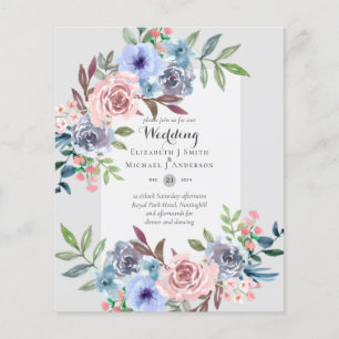 LOGEST BUDGET Rosa Blåa blommor bröllopsinbjudan Flygblad