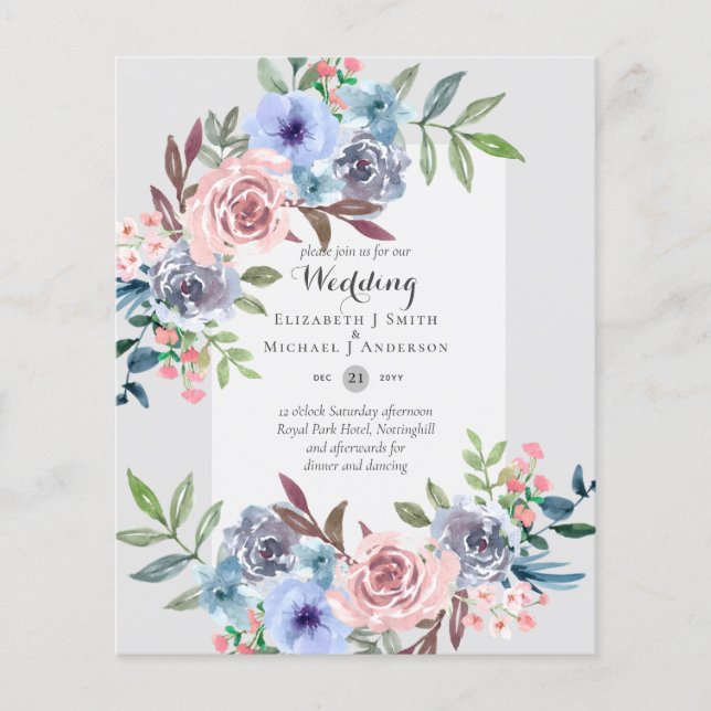 LOGEST BUDGET Rosa Blåa blommor bröllopsinbjudan Flygblad (Framsidan)