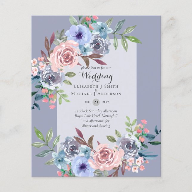 LOGEST BUDGET Rosa Blåa blommor bröllopsinbjudan Flygblad (Framsidan)
