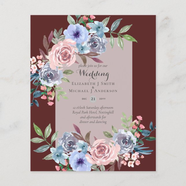LOGEST BUDGET Rosa Blåa blommor bröllopsinbjudan Flygblad (Framsidan)