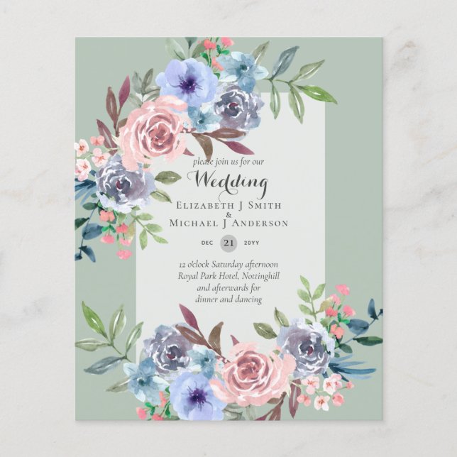 LOGEST BUDGET Rosa Blåa blommor bröllopsinbjudan Flygblad (Framsidan)