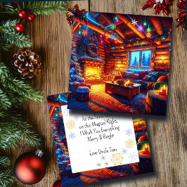 Logga Cabin and Warm Fireplace på jul Kväll