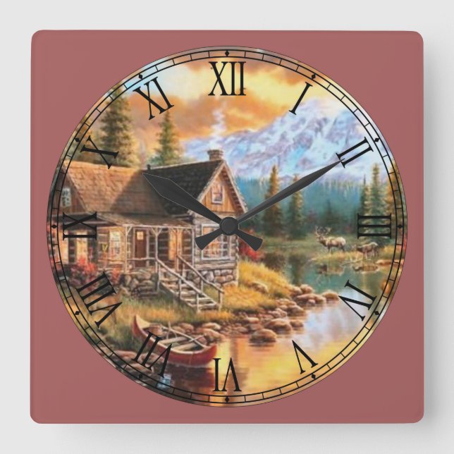 Logga Cabin Fine Art Roman Numeral Fyrkantig Klocka (Framsida)