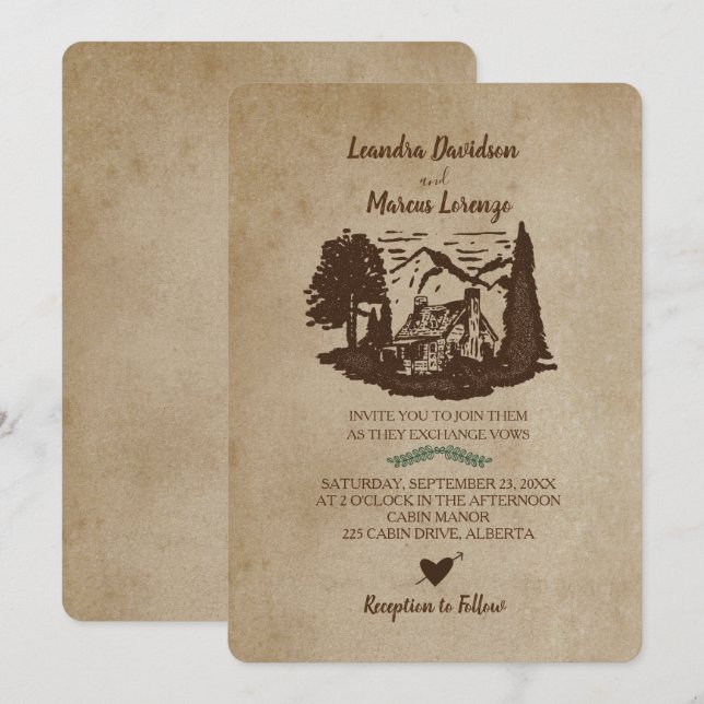 Logga Cabin Mountains Rustic Wedding-inbjudan Inbjudningar (Fram/baksida)