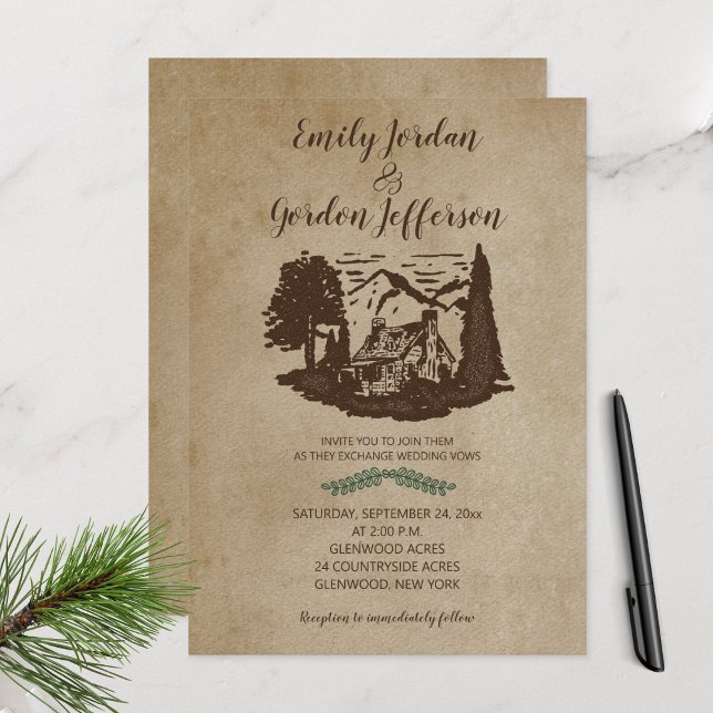Logga Cabin Rustic Exdoor Bröllop Lodge Mountain Inbjudningar (Log Cabin Rustic Wedding Invitation)