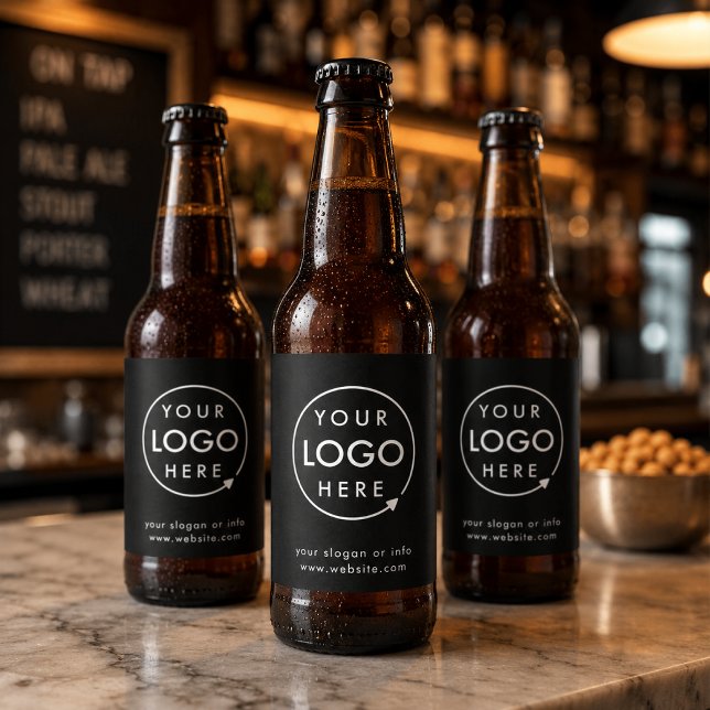 Logga | Minimalistisk affärsverksamhet Ölflaska Etikett (Custom beer bottle labels with logo upload, slogan text, and website details for bars.)
