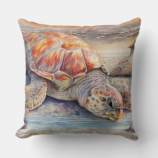 Loggerhead Sea Turtle Relaxing on a Beach Kudde (Framsida)
