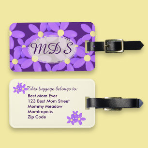 Loggtagg för Blommigt av monogrammad Lila Daisy Bagagebricka