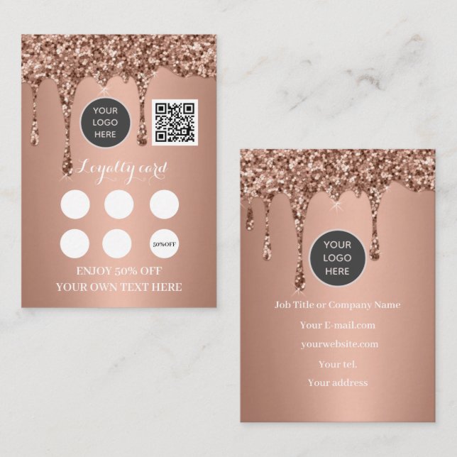 Logo QR Code Business Reward Punch Rose Gold Lojalitetskort (Fram/baksida)