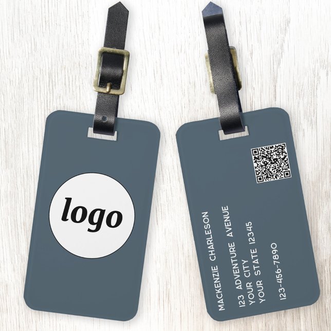 Logo QR Code Charcoal Gray Business Promotional Bagagebricka (Simple logo with custom text business branding promotional QR code charcoal gray luggage tag)