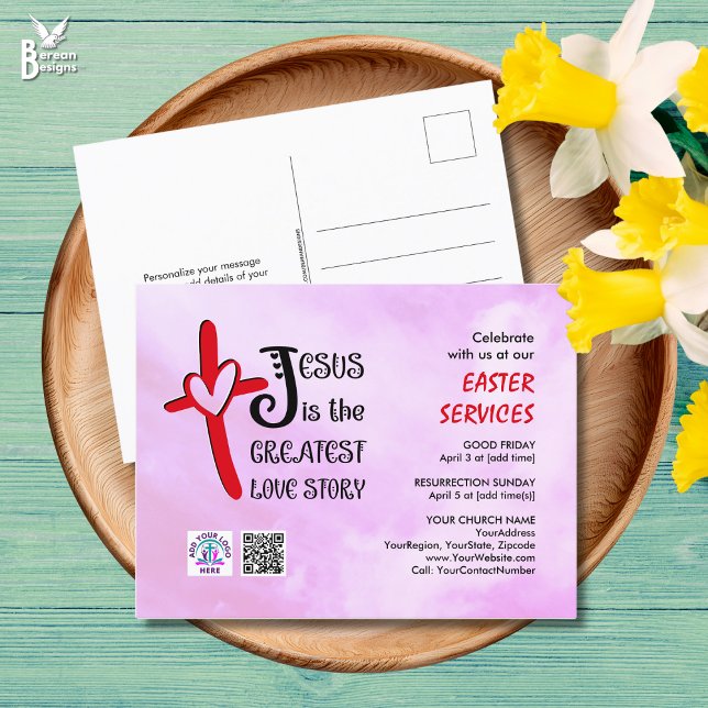 Logo QR Code JESUS GREATEST LOVE STORY Easter Inbjudan Vykort (Modern HEARTS AND CROSSES invitation to church Easter services, incl logo and QR code.)