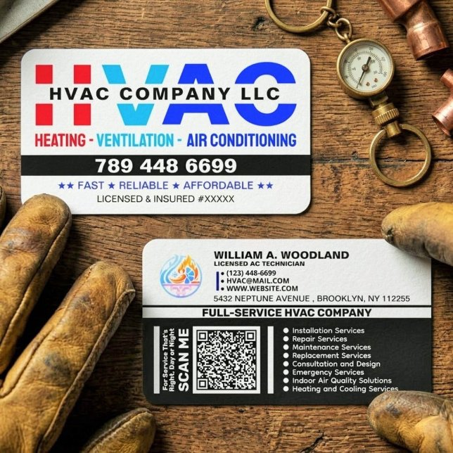 Logo, Qr Code & License - Modern AC Services, HVAC Visitkort (custom modern HVAC business cards for contractors, HVAC business card template, heating and cooling)