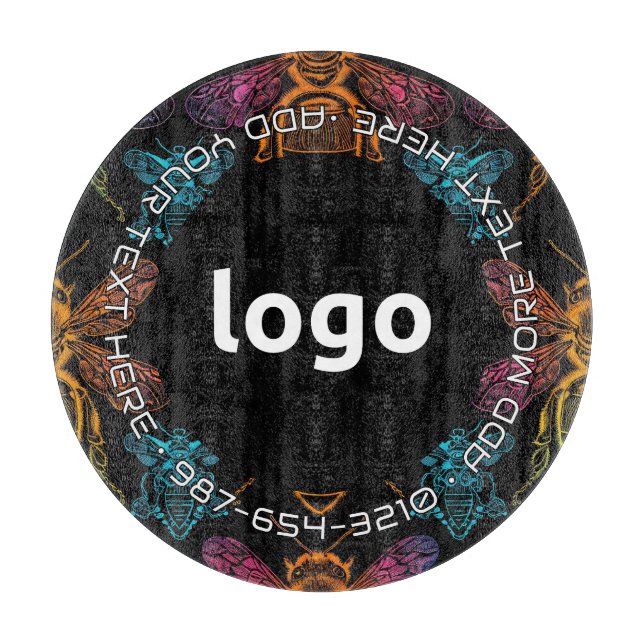 LOGO & TEXT | Färgglada bin Skärbräda i glas (Framsidan)