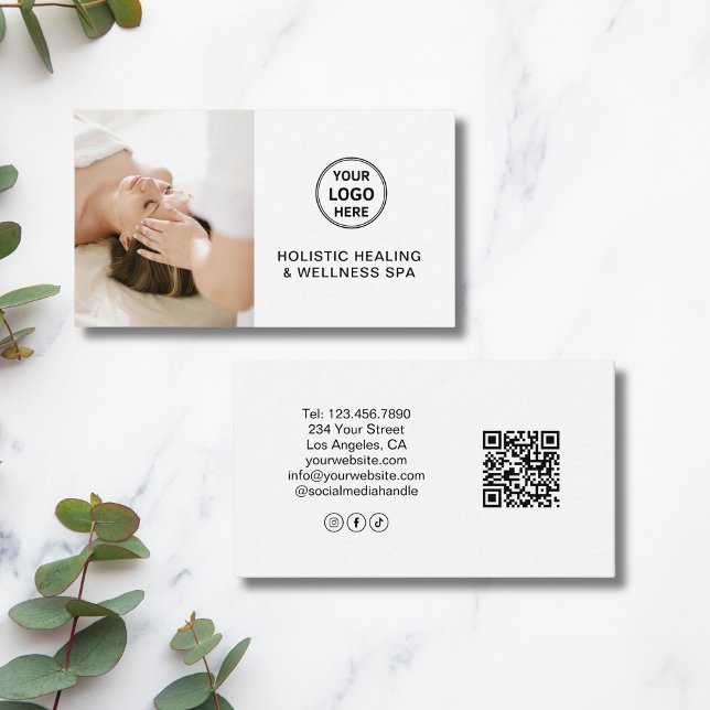 Logotyp av anpassningsbar QR Vit kolesterapi Visitkort (Custom Logo QR White Holistic Health Therapist Business Card)