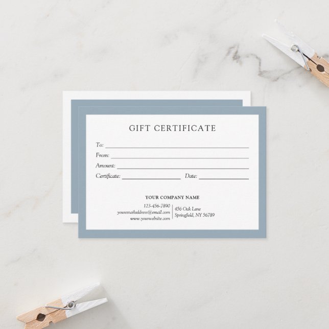 Logotyp av elegant Dusty Blue Business Gift Certif (Fram/Back In Situ)