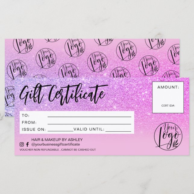 logotyp av presentkort för lila glitter rosa chic  (Fram/baksida)