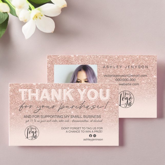 logotyp av skript till fotofotot i Ro guld glitter Visitkort (Rose gold glitter script photo logo thank you business card)