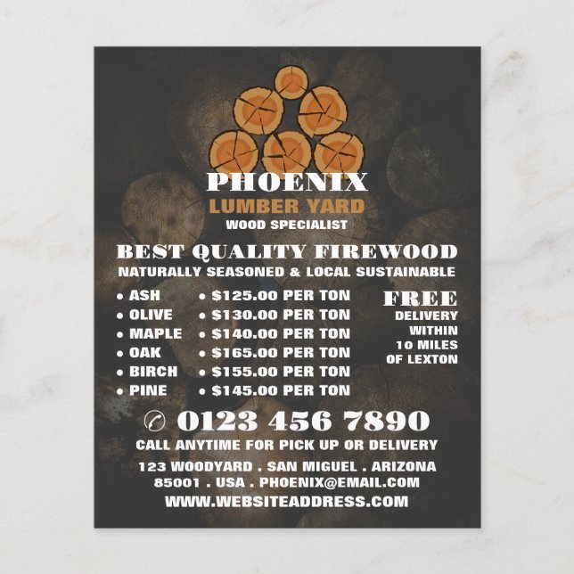 Logotyp av trälogg, virke-/timmer-/trädjordAdvert Flygblad (Framsidan)