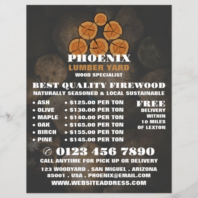 Logotyp av trälogg, virke-/timmer-/trädjordAdvert Reklamblad (Framsidan)