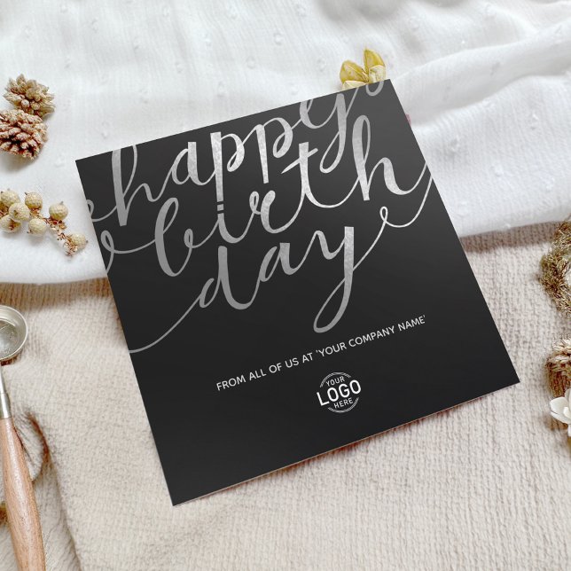 Logotyp Black Faux Silver Foil Script Birthday Kort (Skapare uppladdad)