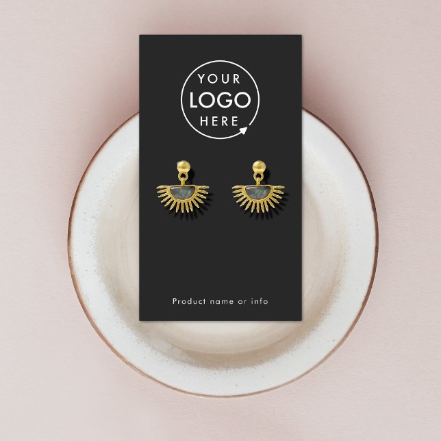 Logotyp Black Jewelery Earring Visning Card Visitkort (Modern sleek black earring display card by Guava - clean, stylish, and customizable)