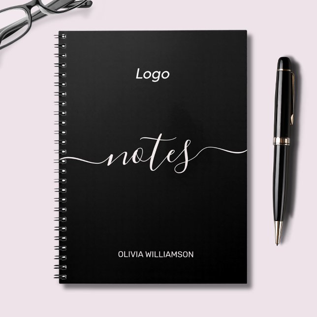 Logotyp Black Professionell Business Anteckningsbok (Customizable logo notebook with script 'notes' text.  Add your own name or custom text and own logo.)