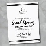 Logotyp Business Grand Open Vykort<br><div class="desc">En ren och enkel vit inbjudan med svart typsnitt och detaljer, perfekt för ett stort öppnings-, varumärkes- eller produkthändelse i party. Utformningen har en skarp vit bakgrund med svart anpassade och utrymme för att lägga till logotypen överst för att få en professionell-märkt beröring. Anpassa texten enkelt, justera layouten eller till...</div>