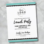 Logotyp Business Launch Party Vykort<br><div class="desc">En roligt men enkel svartvit inbjudan till ett stort öppningsföretag eller ett varumärke eller en lanseringsevenemang i party. Lägg till din egen logotyp högst upp på ge, det är ditt varumärke, och du kan ändra färgningen för teal eller turkos till svart eller matcha ditt varumärke färg. Du kan till och...</div>
