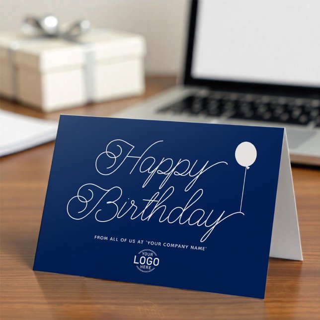 Logotyp Business Simple Blue White Ballon Birthday Kort (Skapare uppladdad)