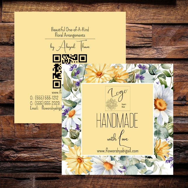 Logotyp Daisy Flowers Blommigt Handmade Crawing Fyrkantigt Visitkort (Logo Daisy Flowers Floral Handmade Crafting QR Code Square Business Cards)