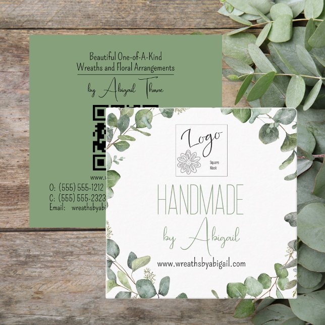Logotyp Eucalyptus Handmade-made QR-kod Fyrkantigt Visitkort (Logo Sage Green Eucalyptus Handmade | Handcrafted QR Code Square Business Card)
