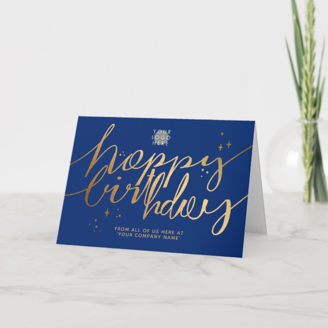 Logotyp Faux Guld Hand Script Navy Birthday Kort (Framsida)