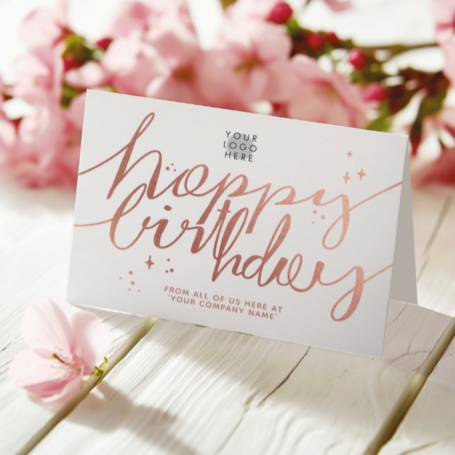 Logotyp Faux Ro Guld Hand Script White Birthday Kort (Skapare uppladdad)