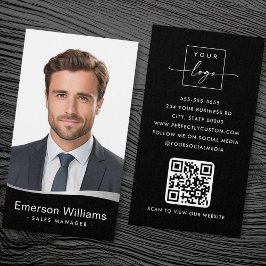Logotyp faux silver-vågfoto QR svart affärskort Visitkort
