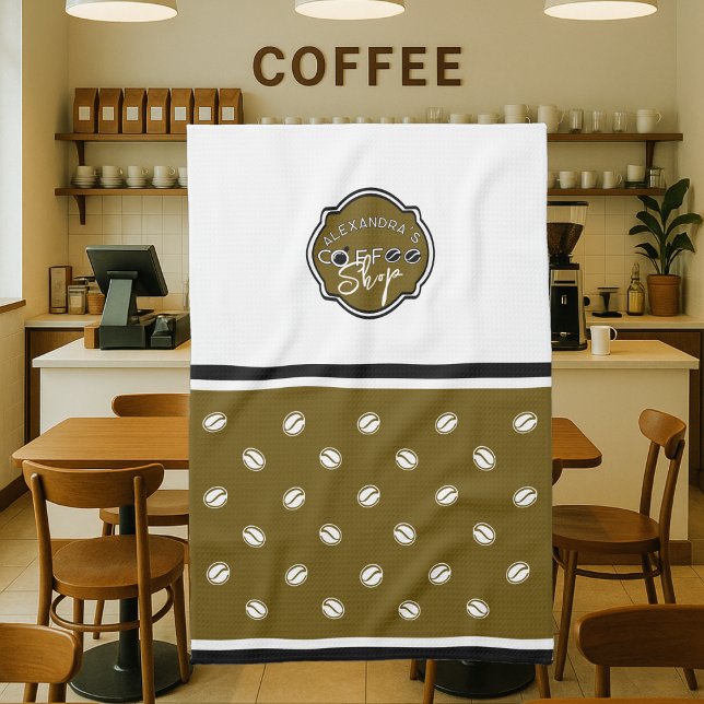 logotyp för anpassade av kaffebutiker kökshandduk (Coffee shop towel with logo in a coffee shop decor )