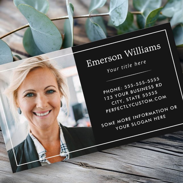 logotyp för anpassningsbar, vit tunn gräns-elegant visitkort (Custom photo logo white thin border elegant black business card)
