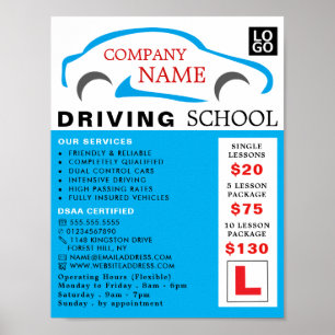 Logotyp för blå bil, körskola, instruktörsreklam poster