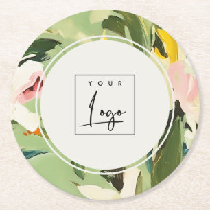 Logotyp för Boho Colorful Grönt Rosa Painting Blom Underlägg Papper Rund