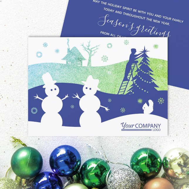 Logotyp för Bright Blue Grönt Snögubbar Company Inbjudningar (bright blue green company business logo holiday christmas xmas greeting cards for clients employees)