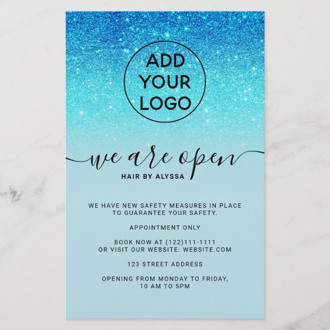 logotyp för coola blå glitter-priser Vi är öppna F Flygblad (Framsidan)