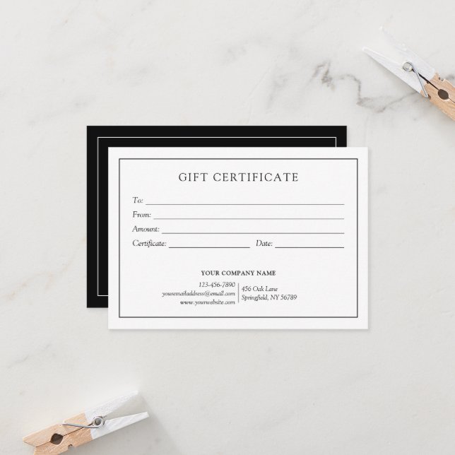Logotyp för elegant Black White Business Gift-cert (Fram/Back In Situ)