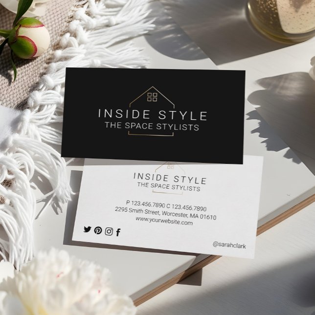 Logotyp för enkel modern hemmagasinering, svart visitkort (Simple Modern Home Staging Logo Black Business Card)