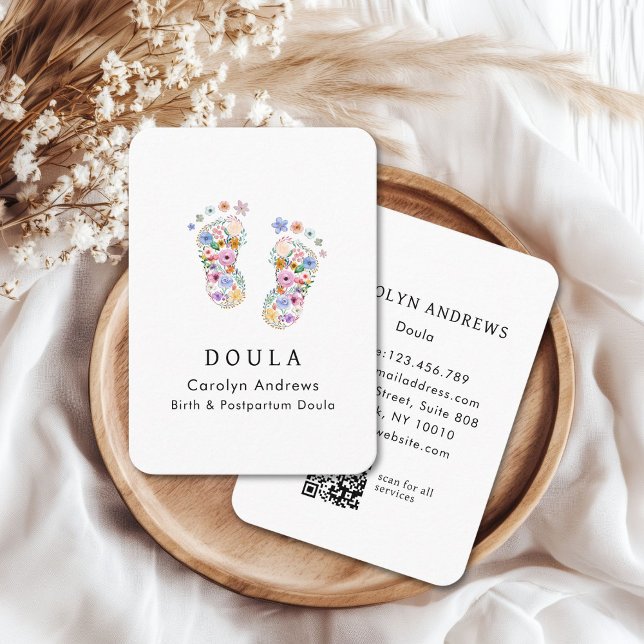 Logotyp för färglöst fotavtryck i Baby QR-kod Visitkort (Colorful Flower Baby Footprint Logo QR Code White Business Card)