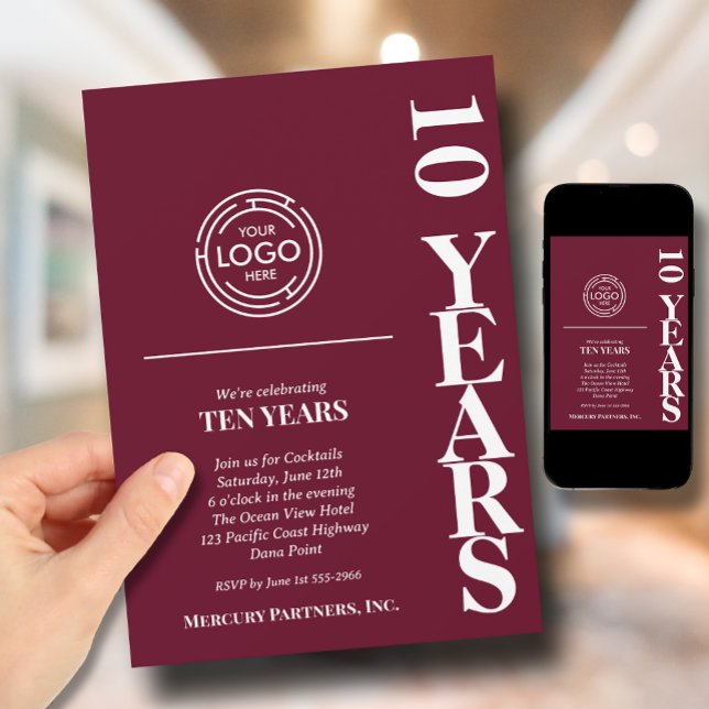 Logotyp för firma - burgundy inbjudningar (Burgundy business anniversary invitations feature your business logo at the top)