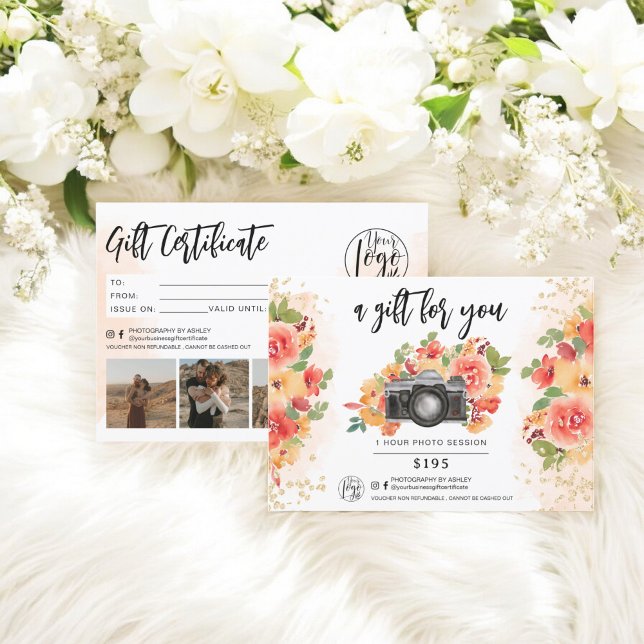logotyp för guld-presentkort för blommigt (floral photographer gold gift certificate logo)