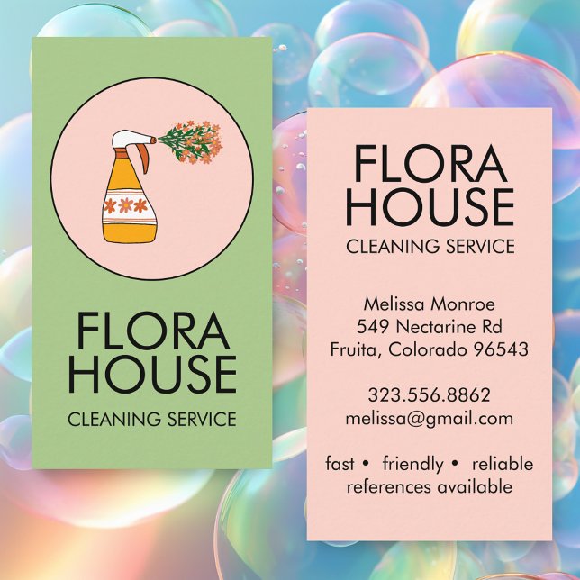 Logotyp för House Städning Service Spray Flaska Bl Visitkort (House Cleaning Service Spray Bottle Floral Logo Custom Pink Green Girly Sweet Business Card
)
