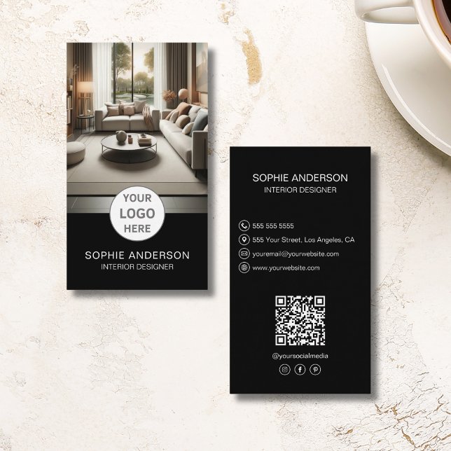 Logotyp för inredningsdesigner Foto QR Sociala med Visitkort (Interior Designer Logo Photo QR Social Media Black Business Card)