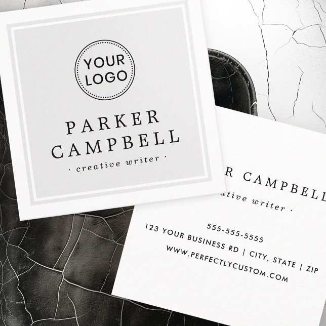 Logotyp för ljusvit grått-gräns-anpassningsbar, mi fyrkantigt visitkort (Light gray white border custom logo minimalist square business card)